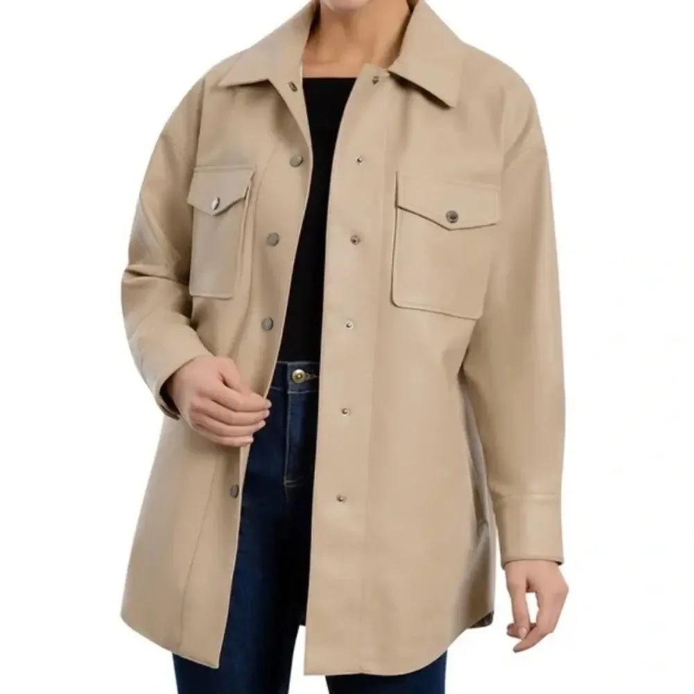 BCBGMAXAZRIA Faux-Leather Shirt Jacket Tan Oversized Fit Womens Sz S